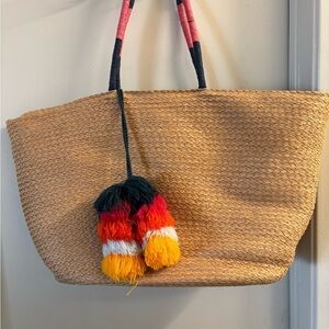 Woven Tan Tote Bag with Colorful Tassels